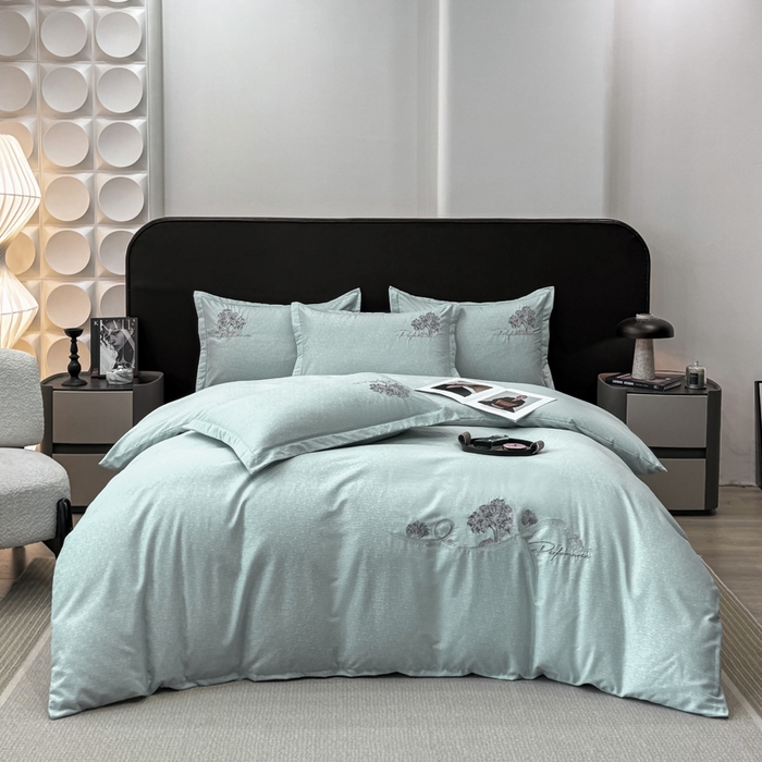 91家纺网 家纺一手货源 找家纺 昊翔家纺 2025新款全棉肌理纹磨毛绣花四件套套件 森沐-湖蓝