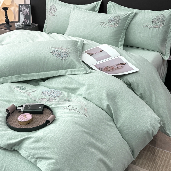 91家纺网 家纺一手货源 找家纺 昊翔家纺 2025新款全棉肌理纹磨毛绣花四件套套件 森沐-青茶绿