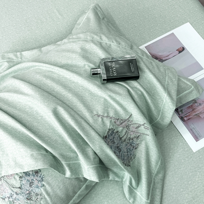 91家纺网 家纺一手货源 找家纺 昊翔家纺 2025新款全棉肌理纹磨毛绣花四件套套件 森沐-青茶绿