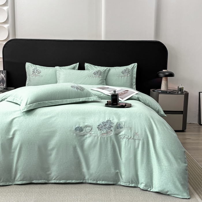 昊翔家纺 2025新款全棉肌理纹磨毛绣花四件套套件 森沐-青茶绿