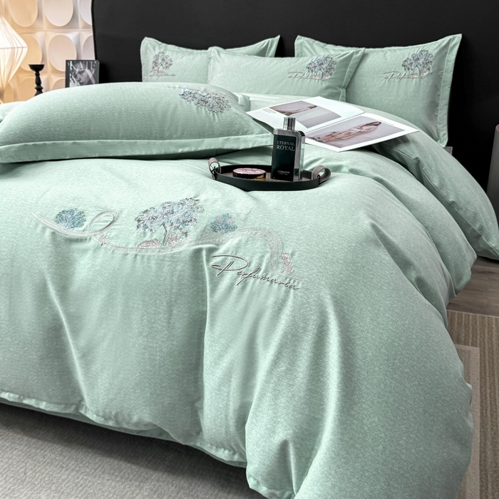 91家纺网 家纺一手货源 找家纺 昊翔家纺 2025新款全棉肌理纹磨毛绣花四件套套件 森沐-青茶绿