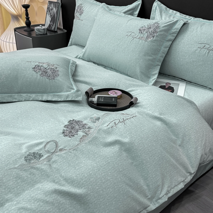 91家纺网 家纺一手货源 找家纺 昊翔家纺 2025新款全棉肌理纹磨毛绣花四件套套件 森沐-湖蓝