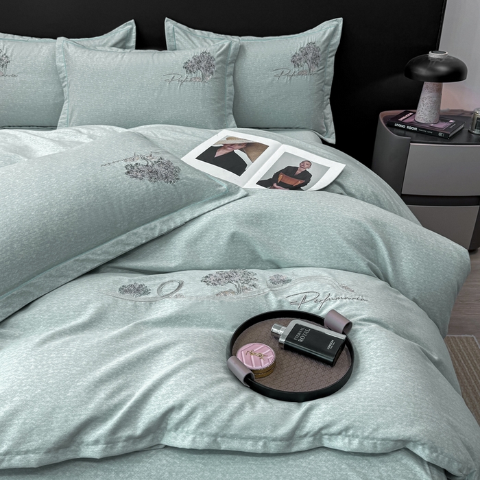 91家纺网 家纺一手货源 找家纺 昊翔家纺 2025新款全棉肌理纹磨毛绣花四件套套件 森沐-湖蓝