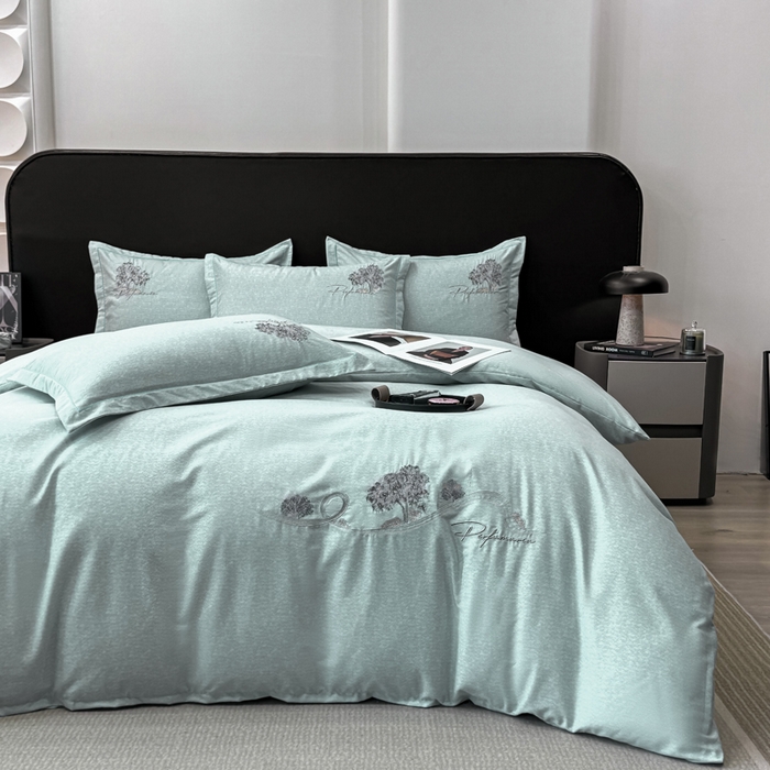 昊翔家纺 2025新款全棉肌理纹磨毛绣花四件套套件 森沐-湖蓝