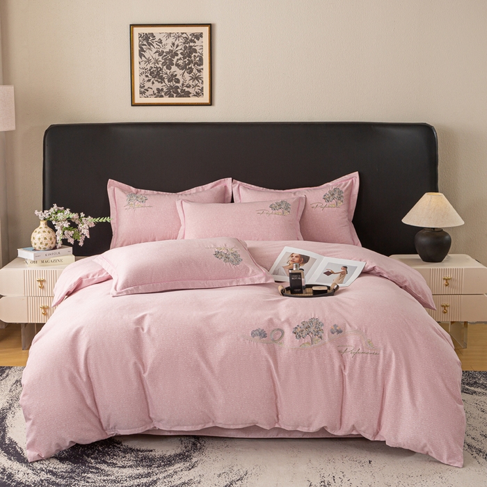 91家纺网 家纺一手货源 找家纺 昊翔家纺 2025新款全棉肌理纹磨毛绣花四件套套件 森沐-豆沙