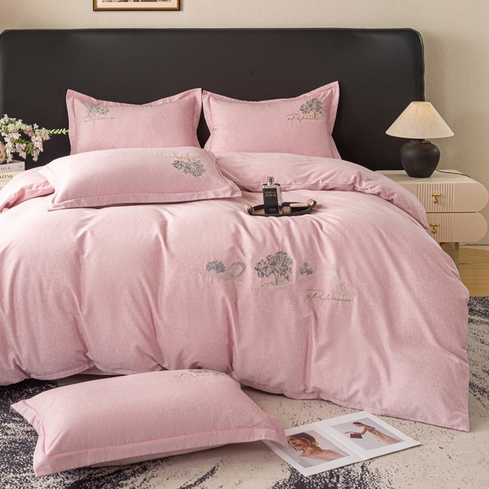 91家纺网 家纺一手货源 找家纺 昊翔家纺 2025新款全棉肌理纹磨毛绣花四件套套件 森沐-豆沙