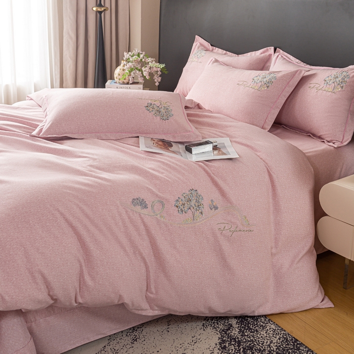 91家纺网 家纺一手货源 找家纺 昊翔家纺 2025新款全棉肌理纹磨毛绣花四件套套件 森沐-豆沙