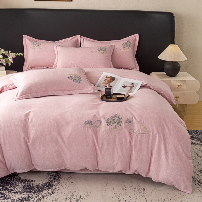 昊翔家纺 2025新款全棉肌理纹磨毛绣花四件套套件 森沐-豆沙