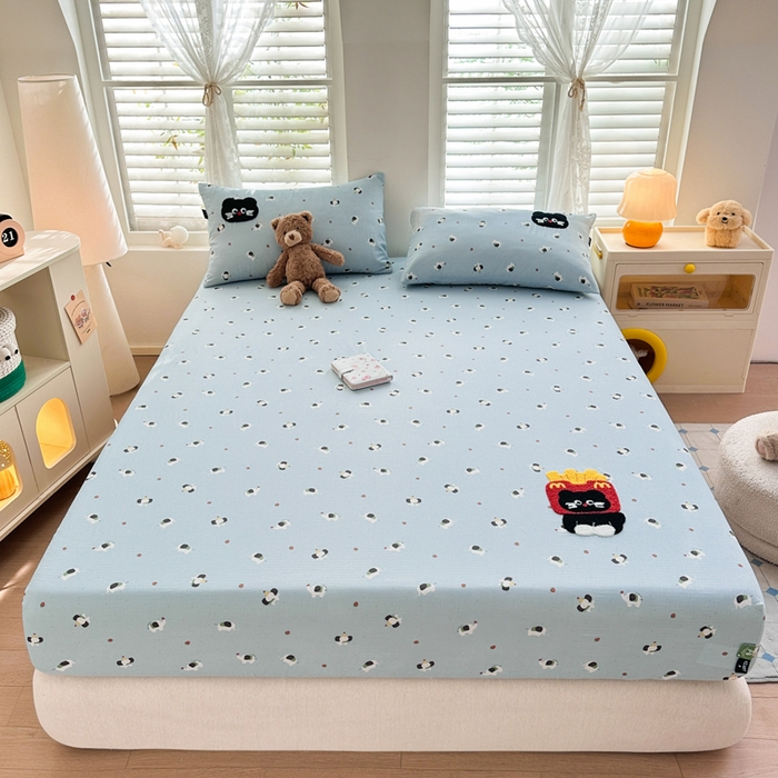 91家纺网 家纺一手货源 找家纺 卡姿家纺 2025秋冬全棉双层纱-床笠三件套 床笠-猫咪薯条