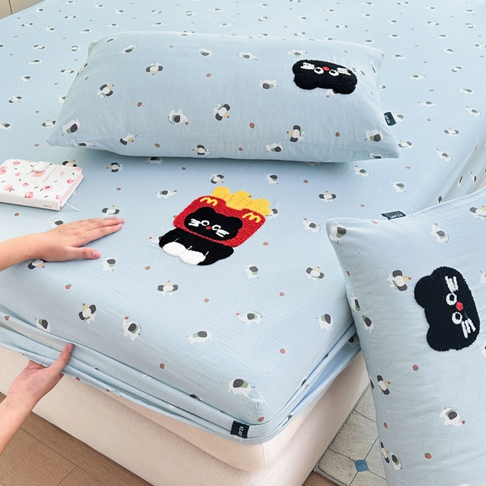 卡姿家纺 2025秋冬全棉双层纱-床笠三件套 床笠-猫咪薯条