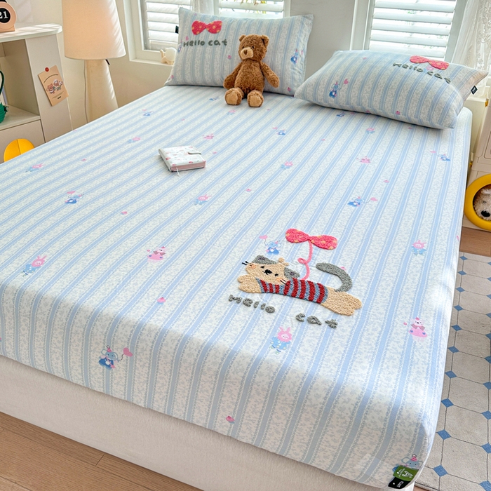 91家纺网 家纺一手货源 找家纺 卡姿家纺 2025秋冬全棉双层纱-床笠三件套 床笠-小猫球球