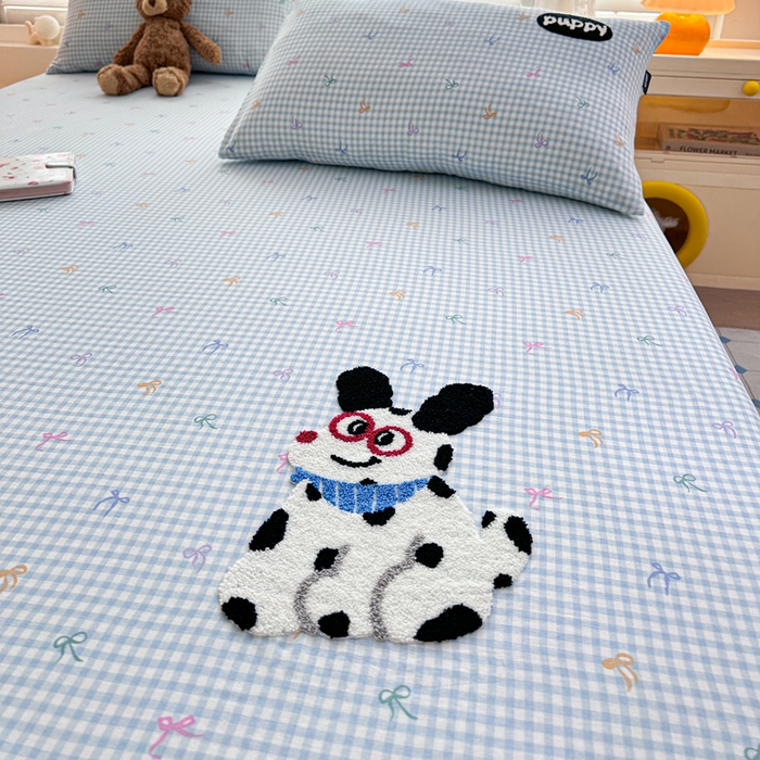 91家纺网 家纺一手货源 找家纺 卡姿家纺 2025秋冬全棉双层纱-床笠三件套 床笠-小狗图图