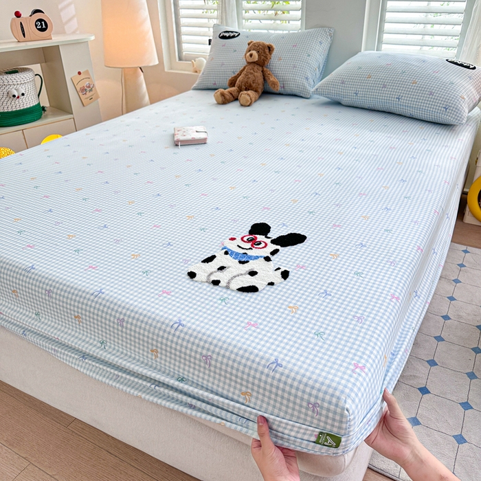 91家纺网 家纺一手货源 找家纺 卡姿家纺 2025秋冬全棉双层纱-床笠三件套 床笠-小狗图图