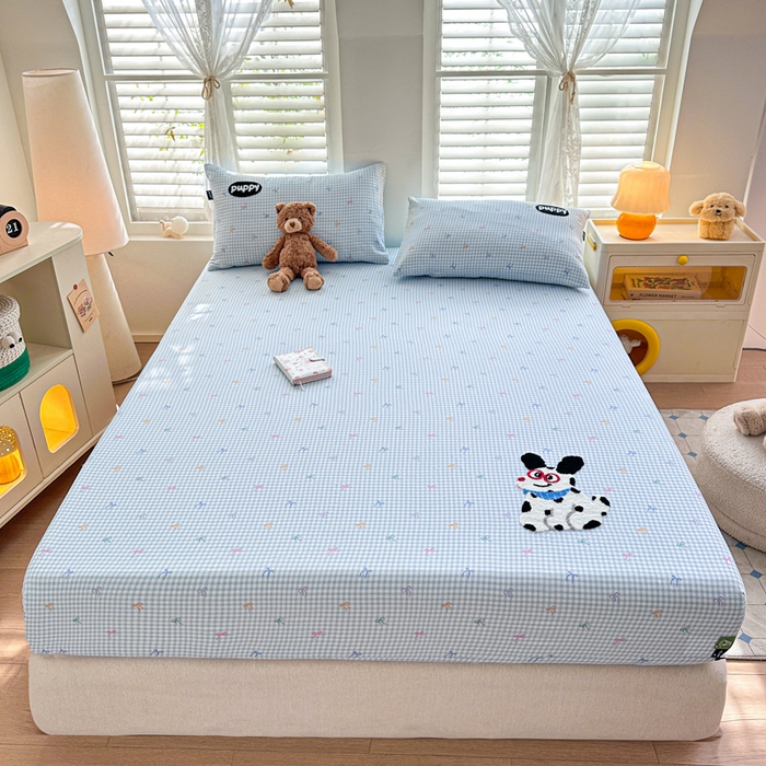 91家纺网 家纺一手货源 找家纺 卡姿家纺 2025秋冬全棉双层纱-床笠三件套 床笠-小狗图图