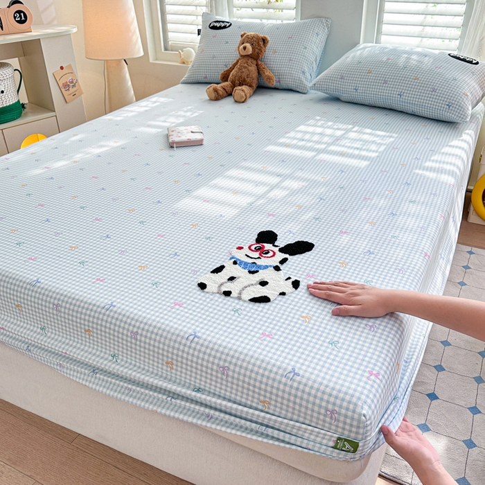 91家纺网 家纺一手货源 找家纺 卡姿家纺 2025秋冬全棉双层纱-床笠三件套 床笠-小狗图图