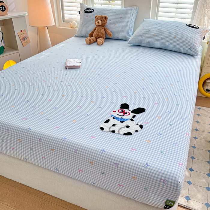 91家纺网 家纺一手货源 找家纺 卡姿家纺 2025秋冬全棉双层纱-床笠三件套 床笠-小狗图图