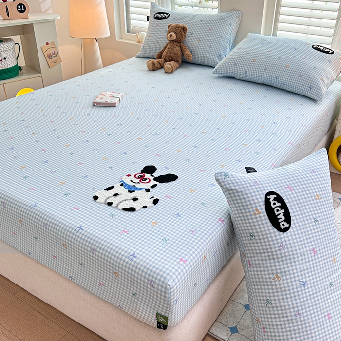 91家纺网 家纺一手货源 找家纺 卡姿家纺 2025秋冬全棉双层纱-床笠三件套 床笠-小狗图图