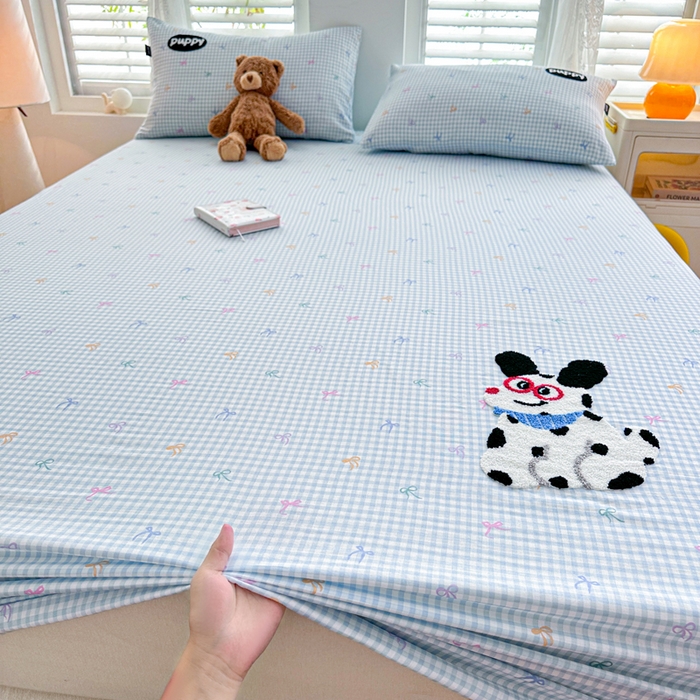 91家纺网 家纺一手货源 找家纺 卡姿家纺 2025秋冬全棉双层纱-床笠三件套 床笠-小狗图图