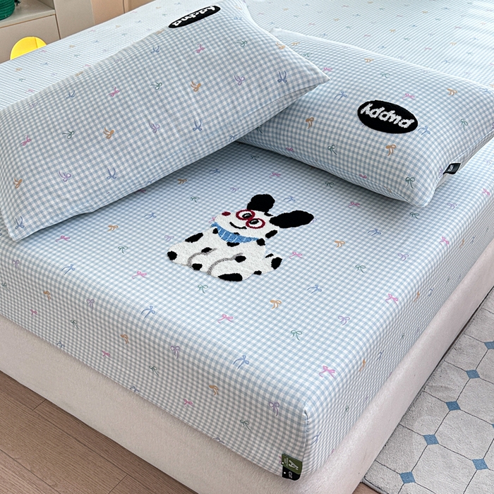 91家纺网 家纺一手货源 找家纺 卡姿家纺 2025秋冬全棉双层纱-床笠三件套 床笠-小狗图图