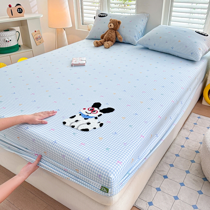 91家纺网 家纺一手货源 找家纺 卡姿家纺 2025秋冬全棉双层纱-床笠三件套 床笠-小狗图图