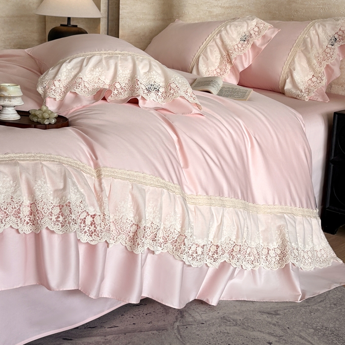 91家纺网 家纺一手货源 找家纺 （总）卡姿家纺 2025秋冬60支长绒棉法式蕾丝花边四件套-凯瑟琳