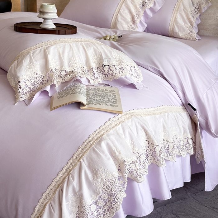 91家纺网 家纺一手货源 找家纺 卡姿家纺 2025秋冬60支长绒棉法式蕾丝花边四件套-凯瑟琳 凯瑟琳-紫