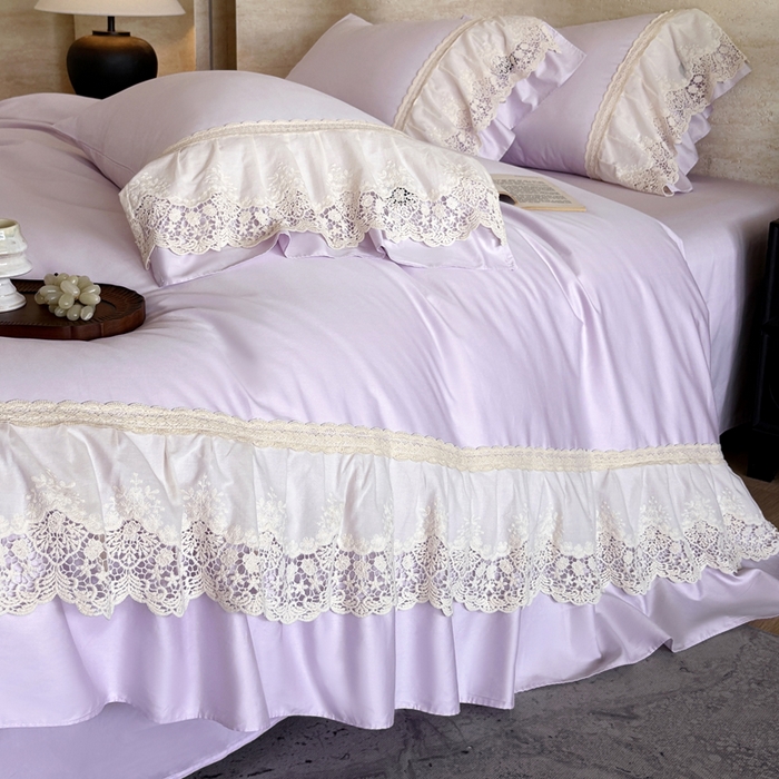 91家纺网 家纺一手货源 找家纺 卡姿家纺 2025秋冬60支长绒棉法式蕾丝花边四件套-凯瑟琳 凯瑟琳-紫