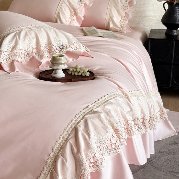 91家纺网 家纺一手货源 找家纺 （总）卡姿家纺 2025秋冬60支长绒棉法式蕾丝花边四件套-凯瑟琳