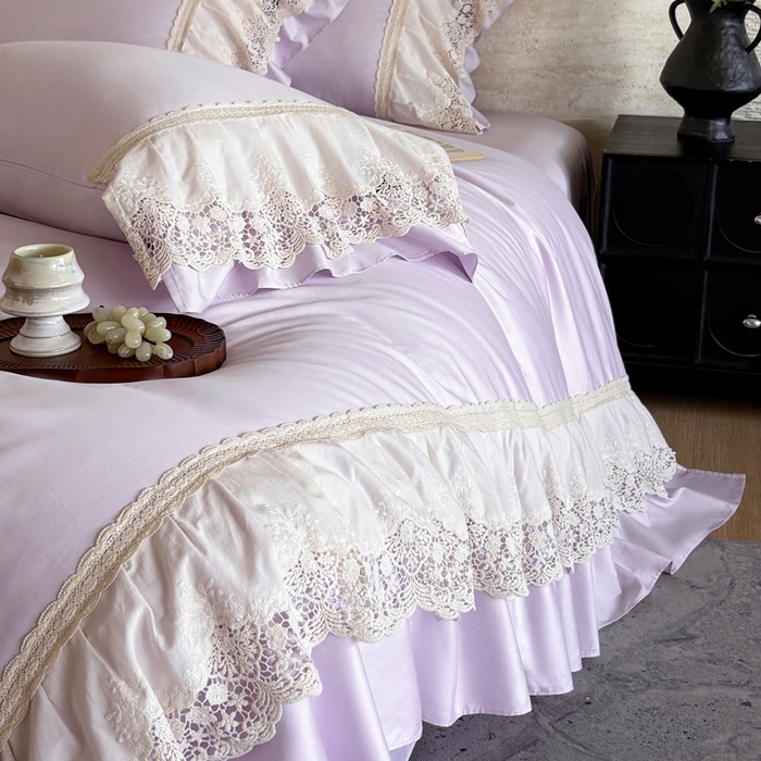 91家纺网 家纺一手货源 找家纺 卡姿家纺 2025秋冬60支长绒棉法式蕾丝花边四件套-凯瑟琳 凯瑟琳-紫