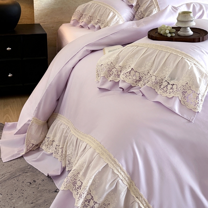 91家纺网 家纺一手货源 找家纺 卡姿家纺 2025秋冬60支长绒棉法式蕾丝花边四件套-凯瑟琳 凯瑟琳-紫