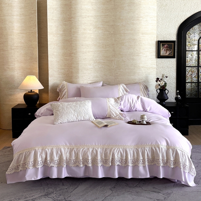 91家纺网 家纺一手货源 找家纺 卡姿家纺 2025秋冬60支长绒棉法式蕾丝花边四件套-凯瑟琳 凯瑟琳-紫