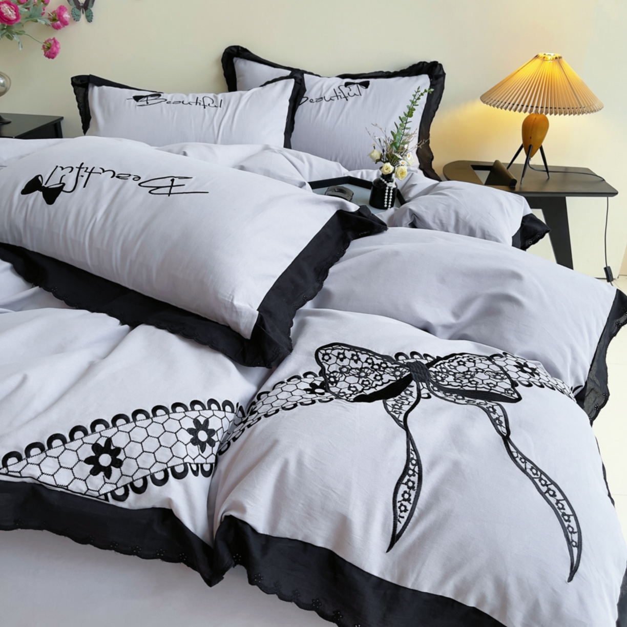 炫拼家纺 2026新款全棉纯棉韩版磨毛刺绣镂空花边纯棉四件套-邂逅系列 邂逅-蓝灰