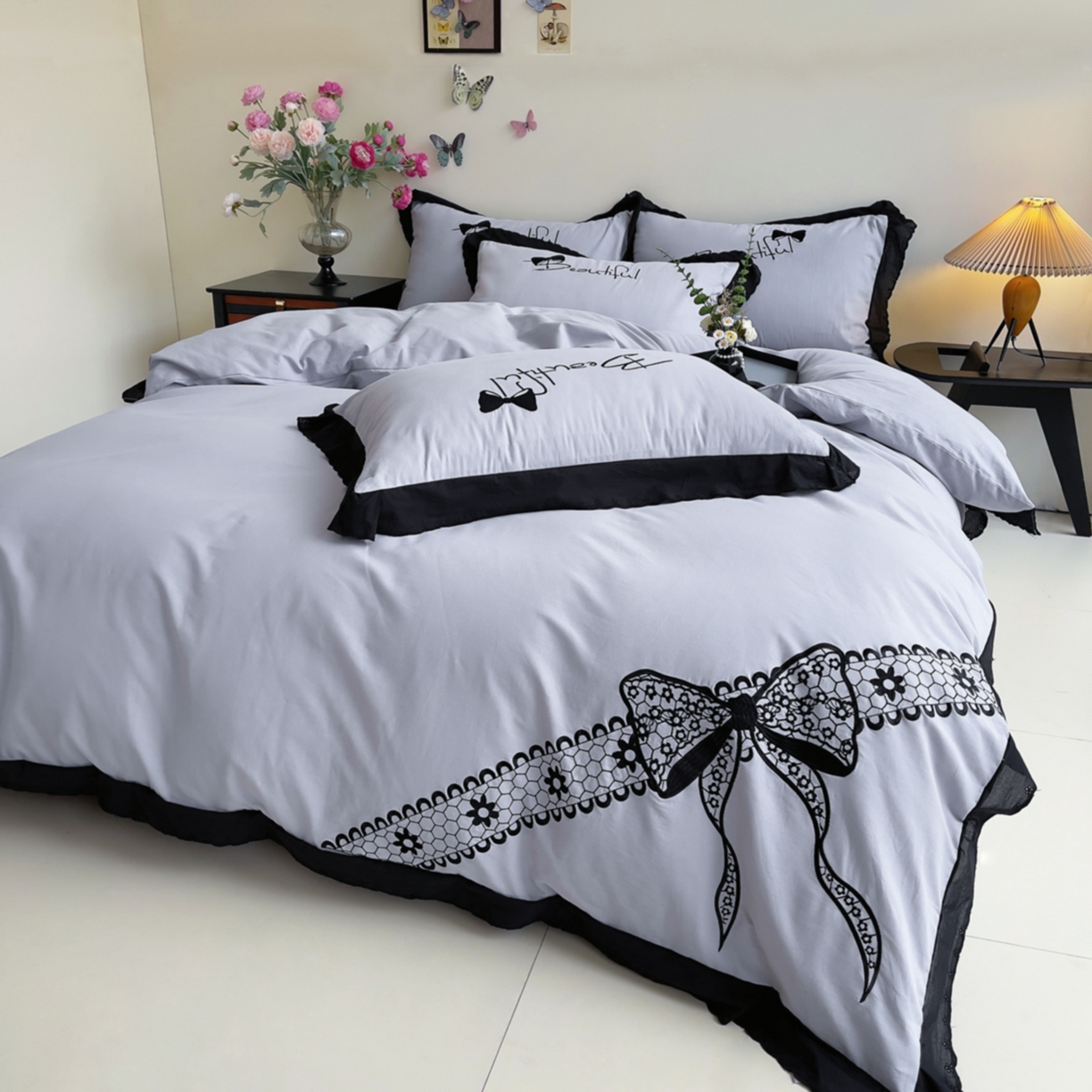 91家纺网 家纺一手货源 找家纺 炫拼家纺 2026新款全棉纯棉韩版磨毛刺绣镂空花边纯棉四件套-邂逅系列 邂逅-蓝灰