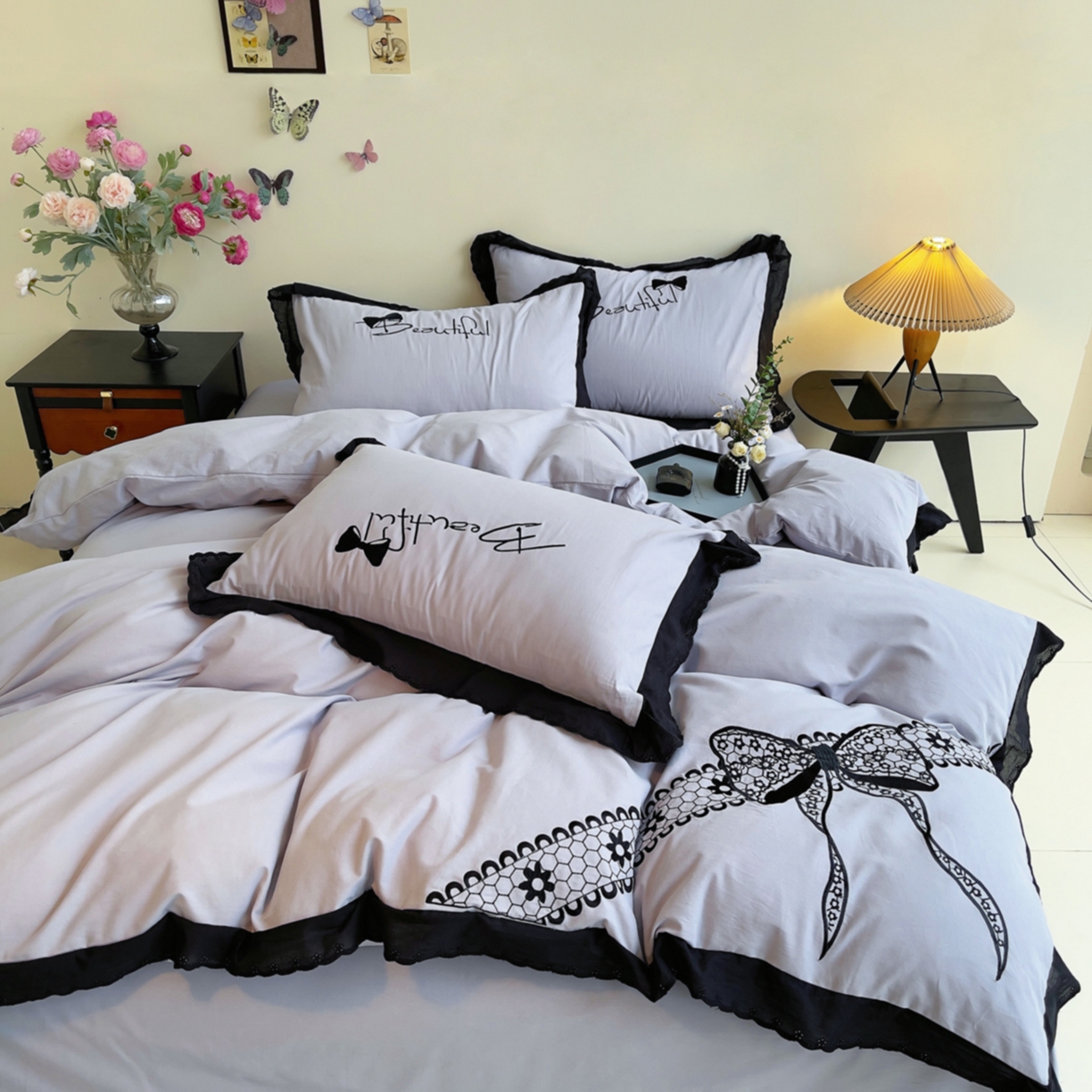 91家纺网 家纺一手货源 找家纺 炫拼家纺 2026新款全棉纯棉韩版磨毛刺绣镂空花边纯棉四件套-邂逅系列 邂逅-蓝灰