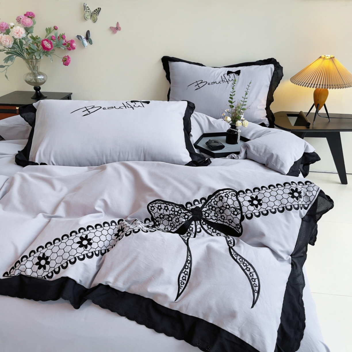 91家纺网 家纺一手货源 找家纺 炫拼家纺 2026新款全棉纯棉韩版磨毛刺绣镂空花边纯棉四件套-邂逅系列 邂逅-蓝灰