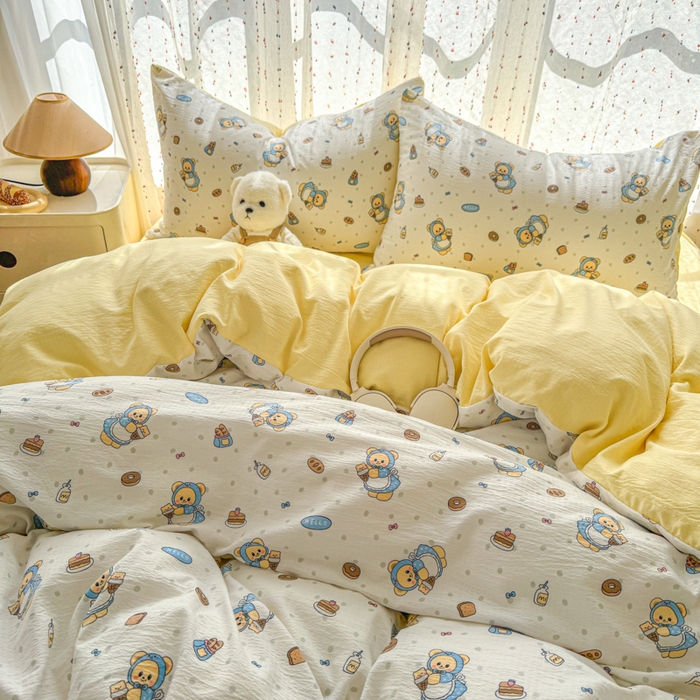 91家纺网 家纺一手货源 找家纺 森璐家纺 2025新款云感双层纱卡通萌趣四件套 遇见-甜点小熊