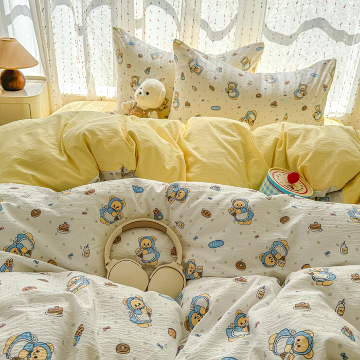 91家纺网 家纺一手货源 找家纺 森璐家纺 2025新款云感双层纱卡通萌趣四件套 遇见-甜点小熊