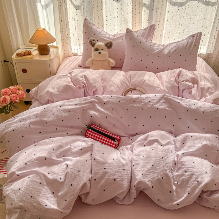 91家纺网 家纺一手货源 找家纺 森璐家纺 2025新款云感双层纱卡通萌趣四件套 遇见-奶昔波点