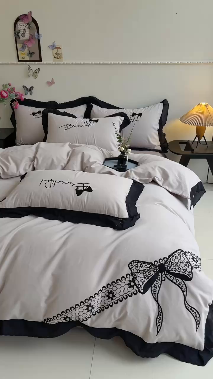 91家纺网 家纺一手货源 找家纺 炫拼家纺 2026新款全棉纯棉韩版磨毛刺绣镂空花边纯棉四件套-邂逅系列 邂逅-奶茶