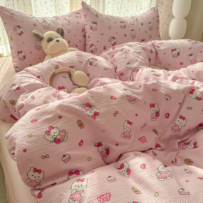 91家纺网 家纺一手货源 找家纺 森璐家纺 2025新款云感双层纱卡通萌趣四件套 遇见-喵喵酱