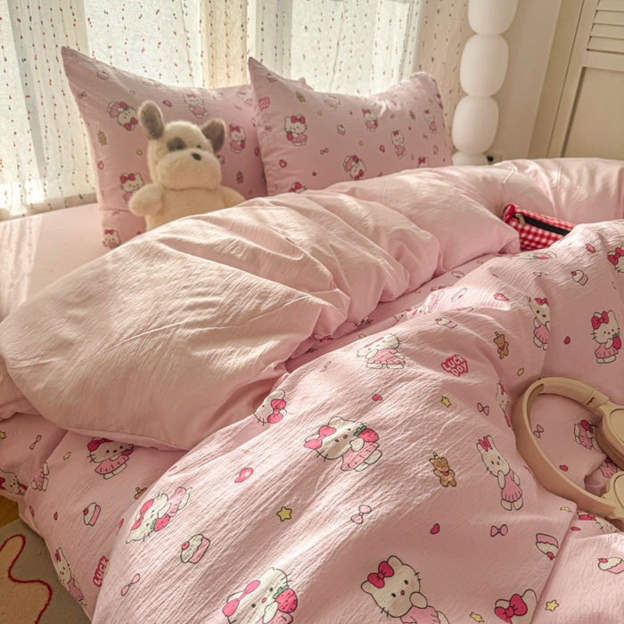 91家纺网 家纺一手货源 找家纺 森璐家纺 2025新款云感双层纱卡通萌趣四件套 遇见-喵喵酱