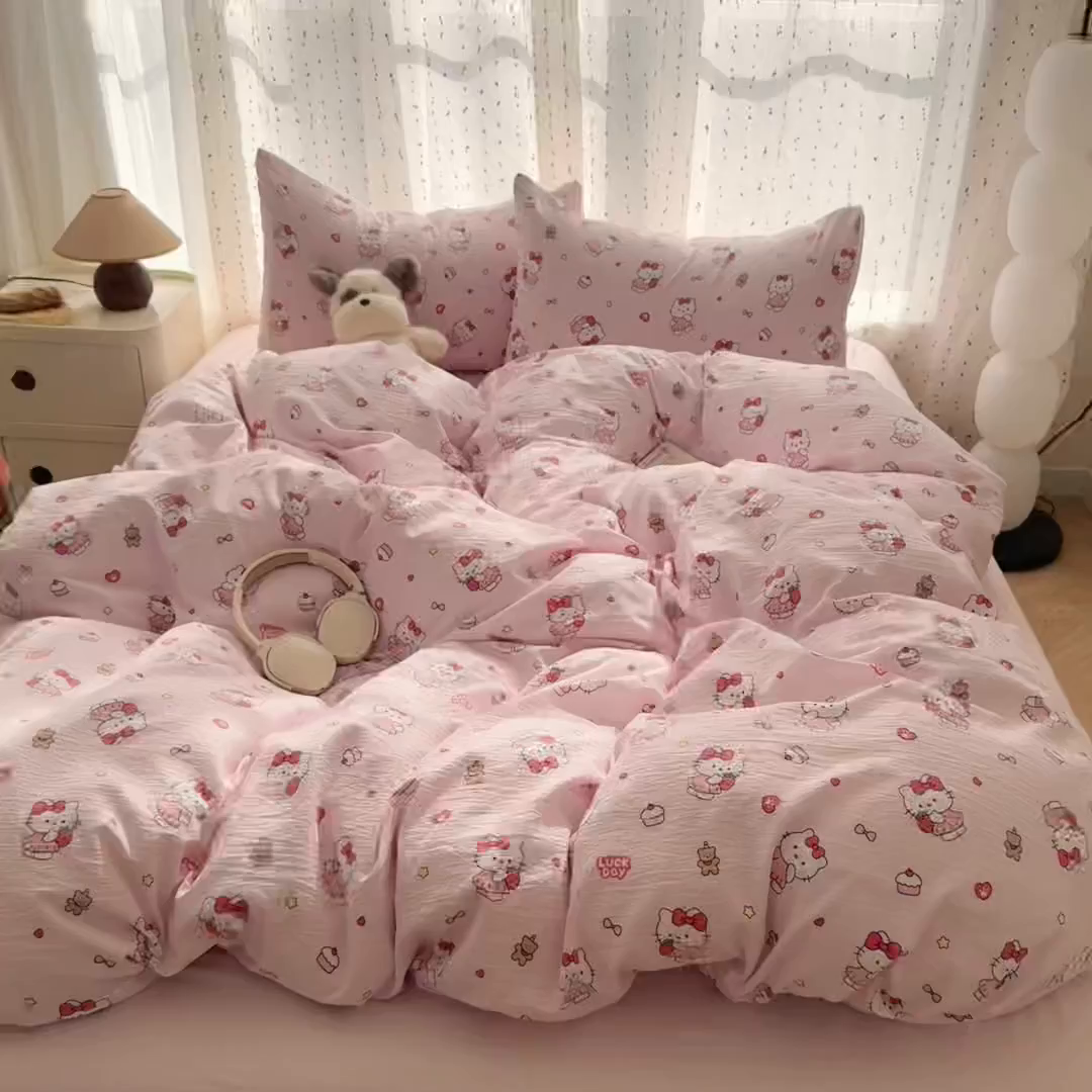 91家纺网 家纺一手货源 找家纺 森璐家纺 2025新款云感双层纱卡通萌趣四件套 遇见-喵喵酱