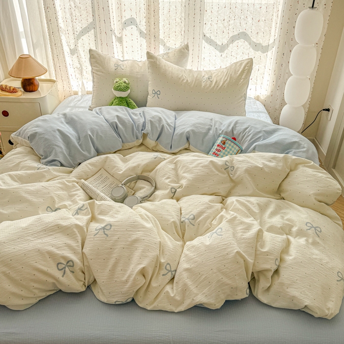 91家纺网 家纺一手货源 找家纺 森璐家纺 2025新款云感双层纱卡通萌趣四件套 遇见-薄荷奶盖