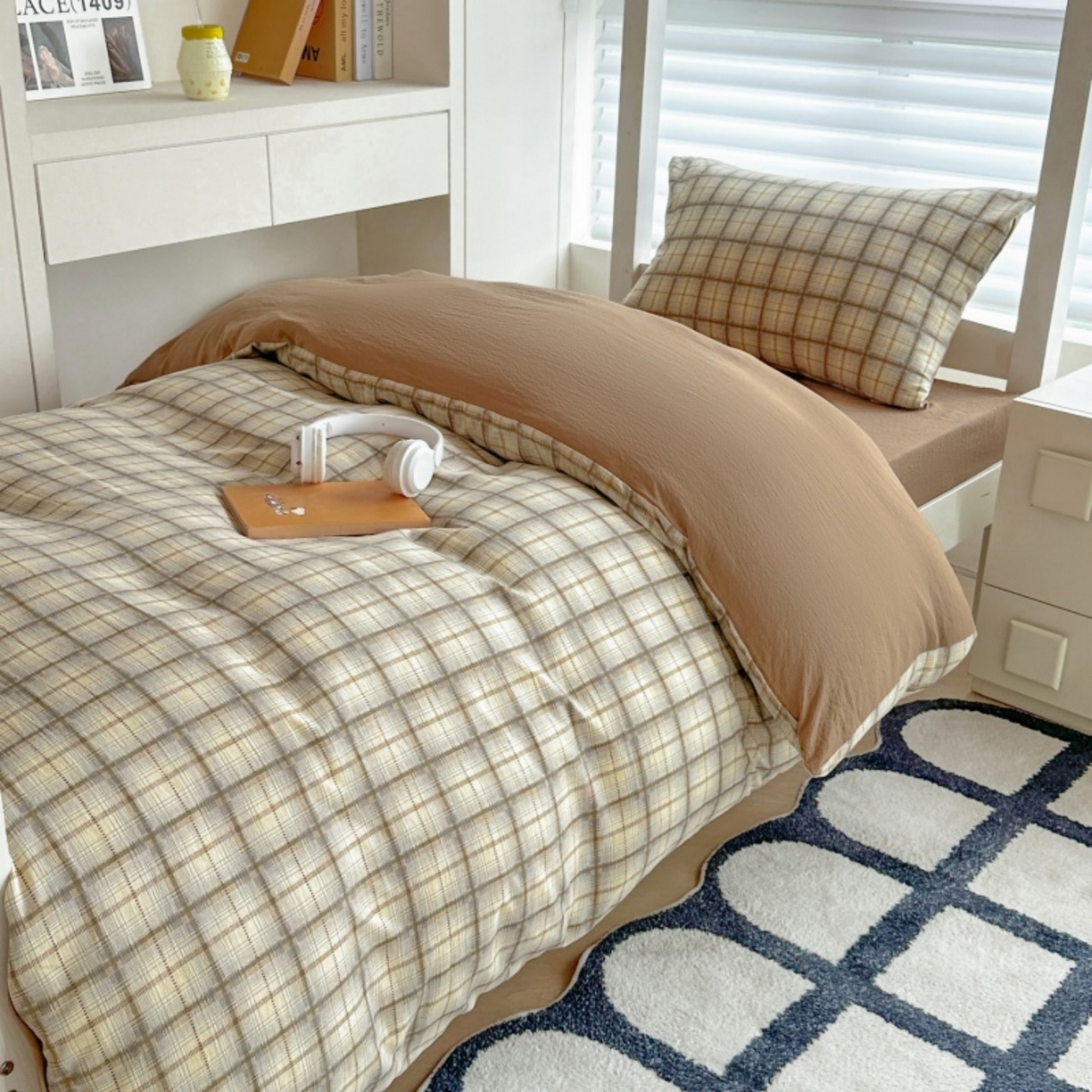 91家纺网 家纺一手货源 找家纺 雨田家纺 2025新款A类汉麻双层纱学生宿舍三件套上下铺三件套 格韵-咖