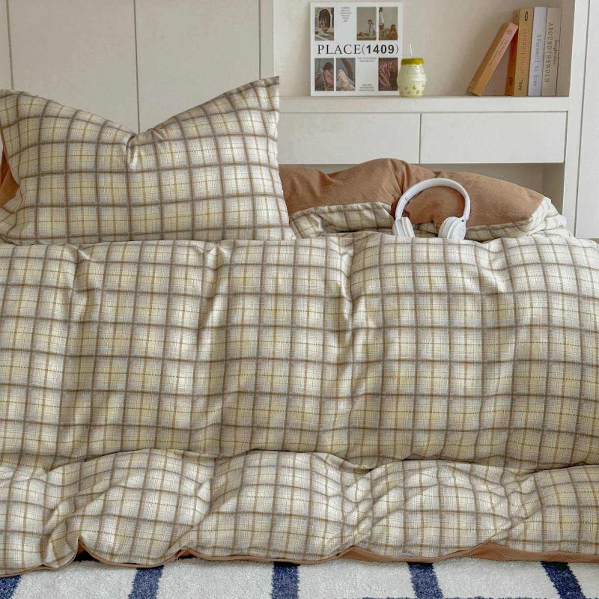 91家纺网 家纺一手货源 找家纺 雨田家纺 2025新款A类汉麻双层纱学生宿舍三件套上下铺三件套 格韵-咖