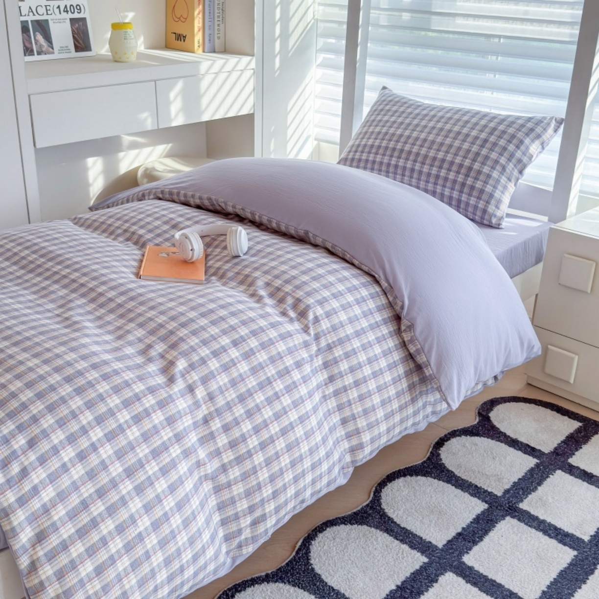 91家纺网 家纺一手货源 找家纺 雨田家纺 2025新款A类汉麻双层纱学生宿舍三件套上下铺三件套 紫韵