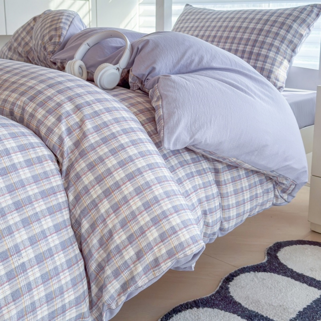 91家纺网 家纺一手货源 找家纺 雨田家纺 2025新款A类汉麻双层纱学生宿舍三件套上下铺三件套 紫韵