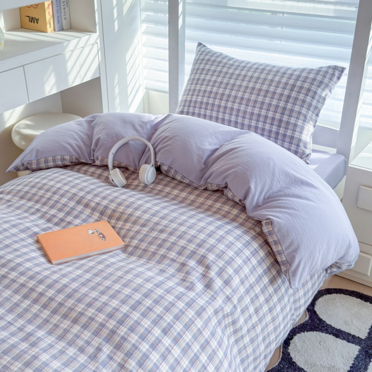 91家纺网 家纺一手货源 找家纺 雨田家纺 2025新款A类汉麻双层纱学生宿舍三件套上下铺三件套 紫韵