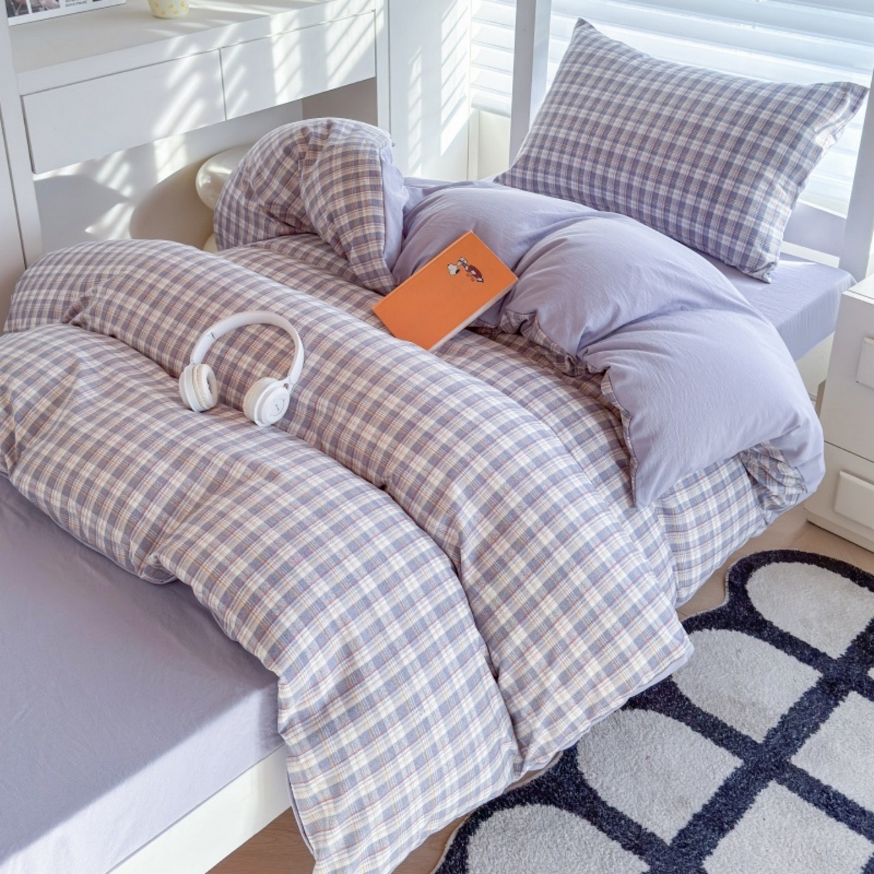 91家纺网 家纺一手货源 找家纺 雨田家纺 2025新款A类汉麻双层纱学生宿舍三件套上下铺三件套 紫韵