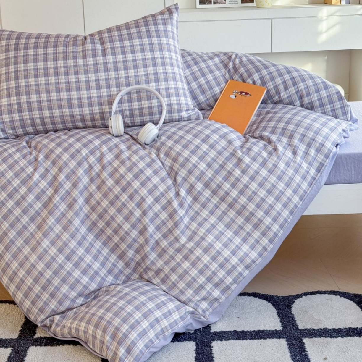 91家纺网 家纺一手货源 找家纺 雨田家纺 2025新款A类汉麻双层纱学生宿舍三件套上下铺三件套 紫韵